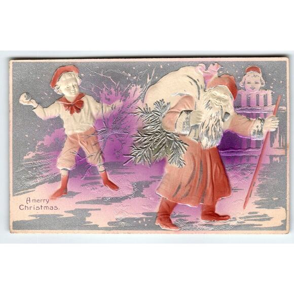 Santa Claus Christmas Postcard Airbrushed Boy Throws Snowball Purple Germany